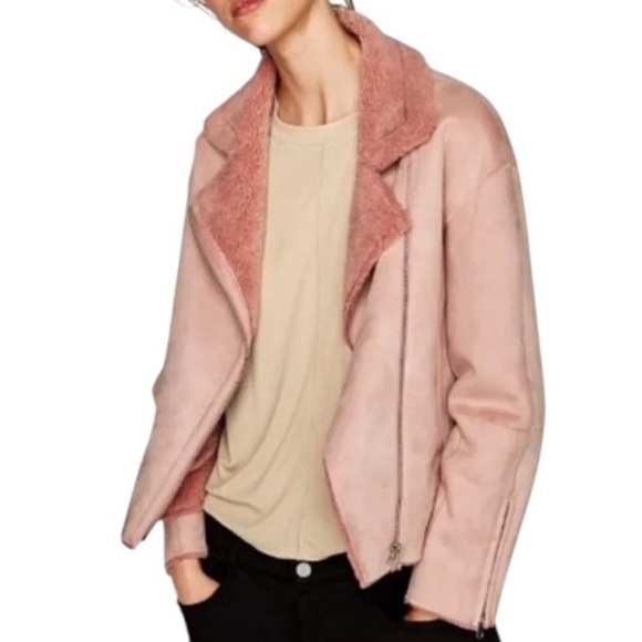NWT ZARA Outerwear Blush Pink Sherpa Faux Suede Moto Jacket Size Medium - Picture 1 of 8